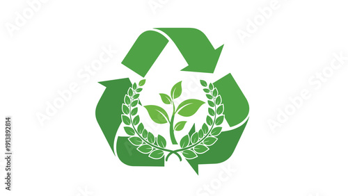 Circular economy symbol includes a recycle sign surrounding a laurel wreath and a green sprout for environmental business initiatives.