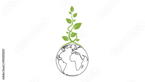 Global growth concept showing planet earth with a green vine plant growing upwards for sustainability and an environmental future.