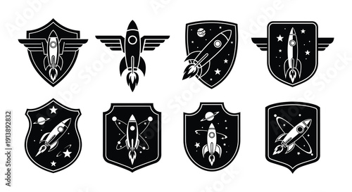 Black and white emblems featuring rockets and celestial designs