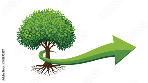Large green tree with deep roots and a curved arrow pointing forward represents the path toward sustainable growth and nature conservation.