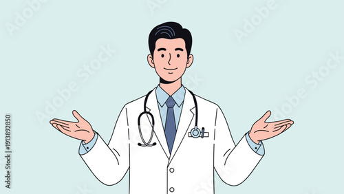 Friendly male doctor in a white lab coat with a stethoscope gesturing with open hands to welcome or explain health information.