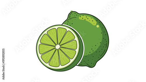Fresh green lime fruit shown whole and sliced in half reveals a juicy interior perfect for cooking recipes and refreshing drinks.