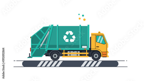 Side view illustration of a garbage truck with a white recycling symbol on a green body driving on a road for waste collection services.