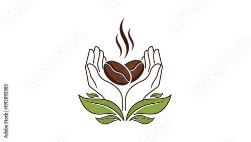 Two human hands cupped together holding coffee beans with aromatic steam swirls and green leaves for organic coffee concepts.