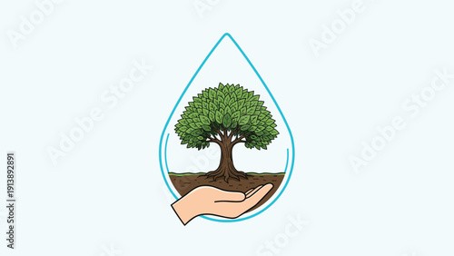 Green tree growing in soil inside a blue water drop shape held by a human hand for environmental protection and water conservation concepts.