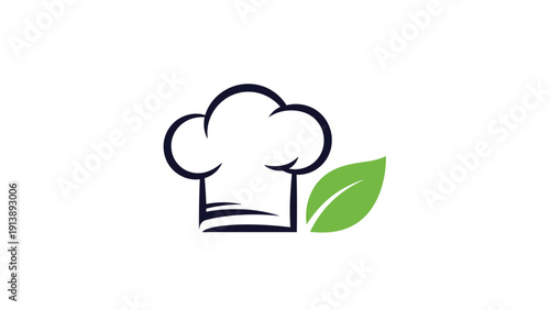 Minimalist chef hat icon with a single green leaf on the side signifies organic cooking, professional vegetarian cuisine, and sustainable gastronomy.