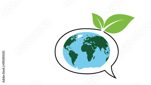 Blue and green world globe depicted within a speech bubble with two sprouting leaves represents environmental dialogue and global eco awareness.