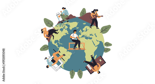 Global unity illustration featuring diverse people working together around the world map surrounded by greenery
