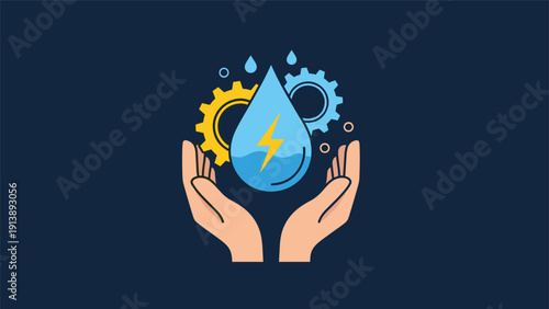 Pair of hands cradling a water drop with a lightning bolt and gears on a dark background represents human management of renewable hydro energy.