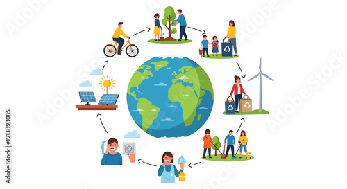 Illustrating a circular economy with eco-friendly practices and sustainable living around the globe