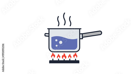 Cooking pot on a gas stove burner with blue boiling water and rising steam lines illustrates basic culinary preparation and heat energy.