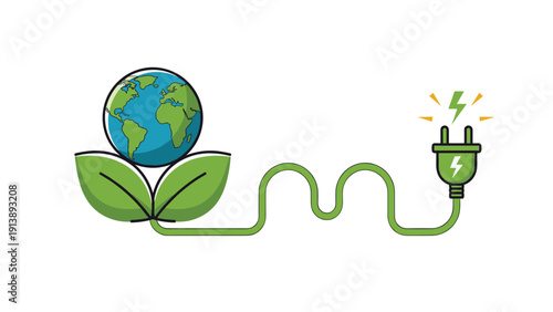 Earth globe connected by a winding green cord to an electric plug with lightning symbols highlights global commitment to green electricity.