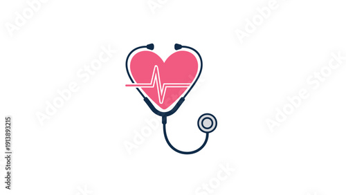 Pink heart icon with a white heartbeat line and a dark blue stethoscope wrapped around it represents healthcare cardiology and heart health.