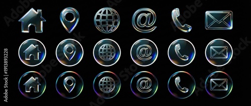 Essential 3D Glass Contact and Navigation Icons Set
