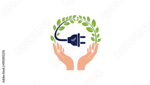 Two hands holding a dark blue electric plug surrounded by a green laurel wreath represents protection and honoring of sustainable energy sources.
