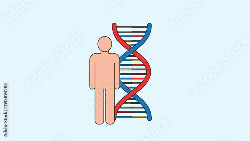 Human silhouette standing next to a colorful DNA double helix structure on a light blue background illustrates genetics and human biology.