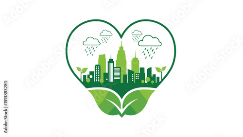 Green city skyline with rain clouds and leaves inside a large heart shape symbolizes a deep love and care for the urban environment and nature.