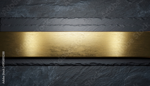Premium background with brushed gold plate on black slate texture, concept of luxury branding and elegant copy space