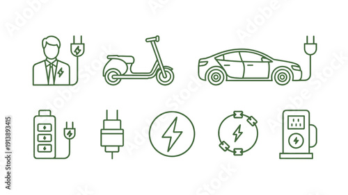 Electric vehicle and charging icons set with various ecofriendly transportation symbols and plug illustrations