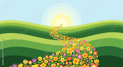 A Vibrant Pathway of Blooming Flowers Leading Towards a Radiant Sun Over Rolling Green Hills Under a Clear Sky