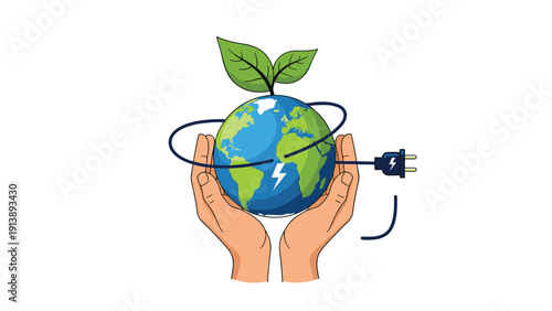 Human hands carefully cradle the Earth planet accompanied by green leaves and an electric plug for global environmental protection.