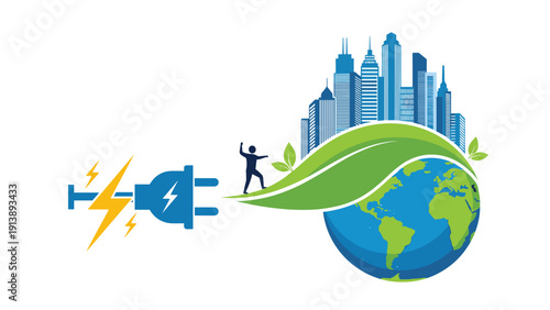 Sustainable urban development icon features a modern city skyline atop a globe with an electric plug for renewable power grid.