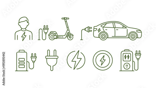 Electric vehicle and scooter charging icons with battery and plug symbols