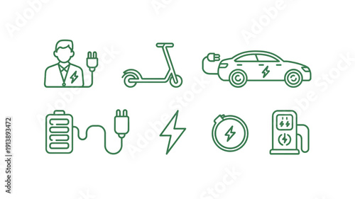 Electric vehicle charging icons set with green outline on white background