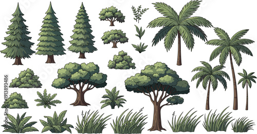 Professional hand-drawn nature asset collection featuring diverse trees, pine trees, palm trees, bushes, and grass tufts for 2D game environment and landscape illustration