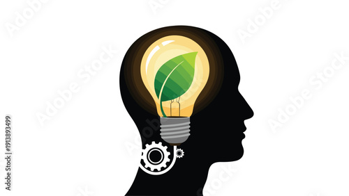Creative concept of ecological intelligence shows a human head with a glowing light bulb and gear symbolizing green technology ideas.
