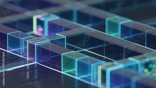 Glowing blue and purple 3D glass blocks in a mazelike structure on dark surface