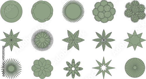 Green abstract circular floral shapes flat vector illustration collection, geometric badges and starburst elements isolated on white background