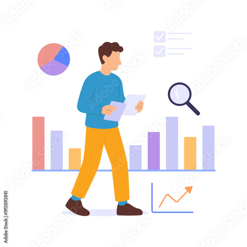 Analyzing, examining financial data for business insights, Flat vector character illustration