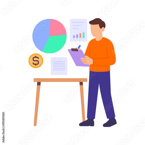Reviewing, checking reports and financial documents carefully, Flat vector character illustration