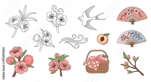 Spring Awakening Delicate Peach Blossoms, Swift Swallows, and Traditional Fans Illustrate Seasonal Beauty