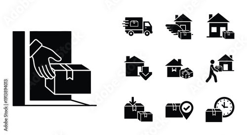 Delivery service icons depicting food home and order tracking