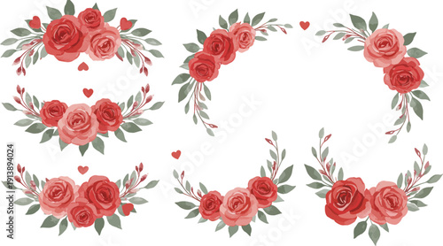 Watercolor floral wreaths and arrangements with red roses and green leaves on white background