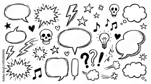 Comic boom cartoon effect line element set. Comic speech bubble pow, boom text, explosive splash smoke, wow cartoon vector icon. Hand drawn sketch doodle explosive element. Vector illustration.