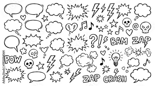 Comic boom cartoon effect line element set. Comic speech bubble pow, boom text, explosive splash smoke, wow cartoon vector icon. Hand drawn sketch doodle explosive element. Vector illustration.