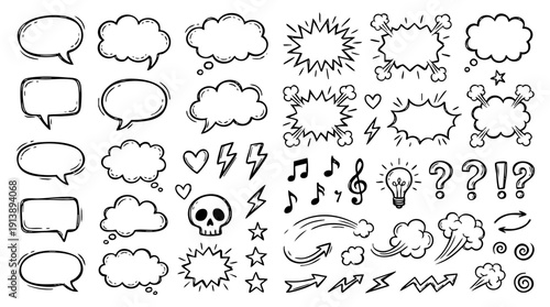 Comic boom cartoon effect line element set. Comic speech bubble pow, boom text, explosive splash smoke, wow cartoon vector icon. Hand drawn sketch doodle explosive element. Vector illustration.