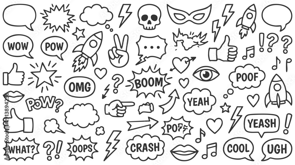 Fototapeta premium Comic boom cartoon effect line element set. Comic speech bubble pow, boom text, explosive splash smoke, wow cartoon vector icon. Hand drawn sketch doodle explosive element. Vector illustration.