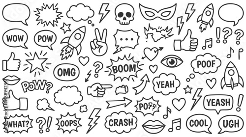 Comic boom cartoon effect line element set. Comic speech bubble pow, boom text, explosive splash smoke, wow cartoon vector icon. Hand drawn sketch doodle explosive element. Vector illustration.