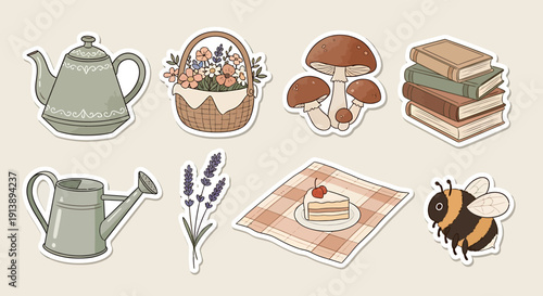 A digital illustration features a collection of garden and picnic themed items including a teapot watering can flowers mushrooms books cake and a bee on a beige background.