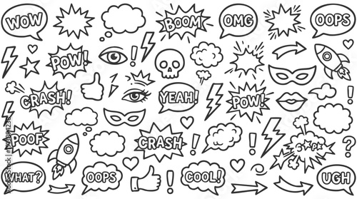 Comic boom cartoon effect line element set. Comic speech bubble pow, boom text, explosive splash smoke, wow cartoon vector icon. Hand drawn sketch doodle explosive element. Vector illustration.