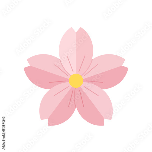 A simple vector illustration of a pink flower with six petals and a yellow center on a white background.