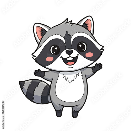 A cartoon raccoon with a cheerful expression stands on its hind legs and waves its front paws in a friendly gesture on a white background.