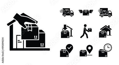 Delivery service icons depicting food home and order tracking