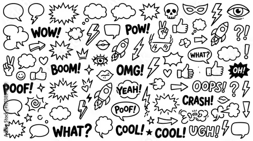 Comic boom cartoon effect line element set. Comic speech bubble pow, boom text, explosive splash smoke, wow cartoon vector icon. Hand drawn sketch doodle explosive element. Vector illustration.