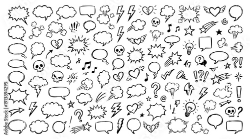 Comic boom cartoon effect line element set. Comic speech bubble pow, boom text, explosive splash smoke, wow cartoon vector icon. Hand drawn sketch doodle explosive element. Vector illustration.