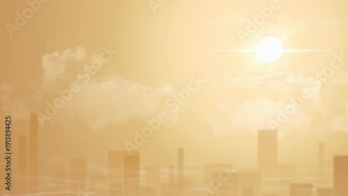 Extreme summer heatwave over urban city skyline with hazy atmosphere and strong sunlight. Concept of climate change, urban heat island, global warming, drought and environmental stress. 